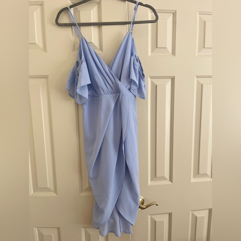 Showpo Blue Ruched Wrap Dress with Spaghetti Straps